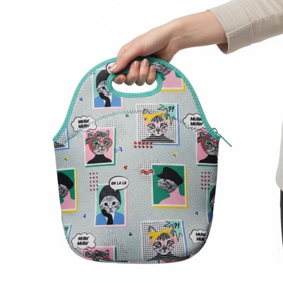 NWOT Funky Cat Pop Art Neoprene Lunch Bag Tote - Insulated, Reusable, Cute! - Picture 1 of 9